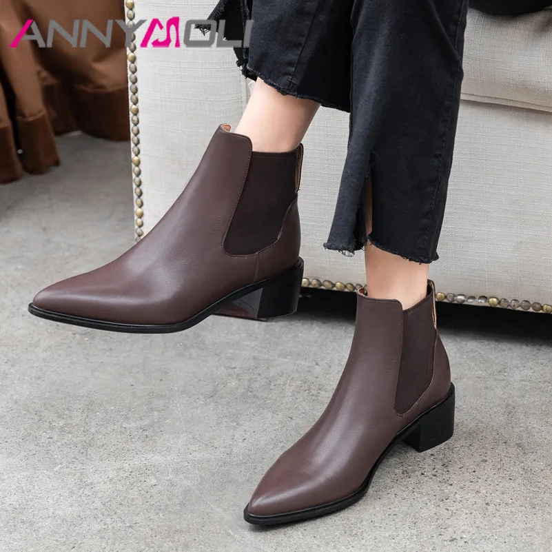 

Ботинки-челси ANNYMOLI женские из натуральной кожи, короткие ботинки на толстом каблуке, заостренный носок, без застежки, полусапожки на высоко...