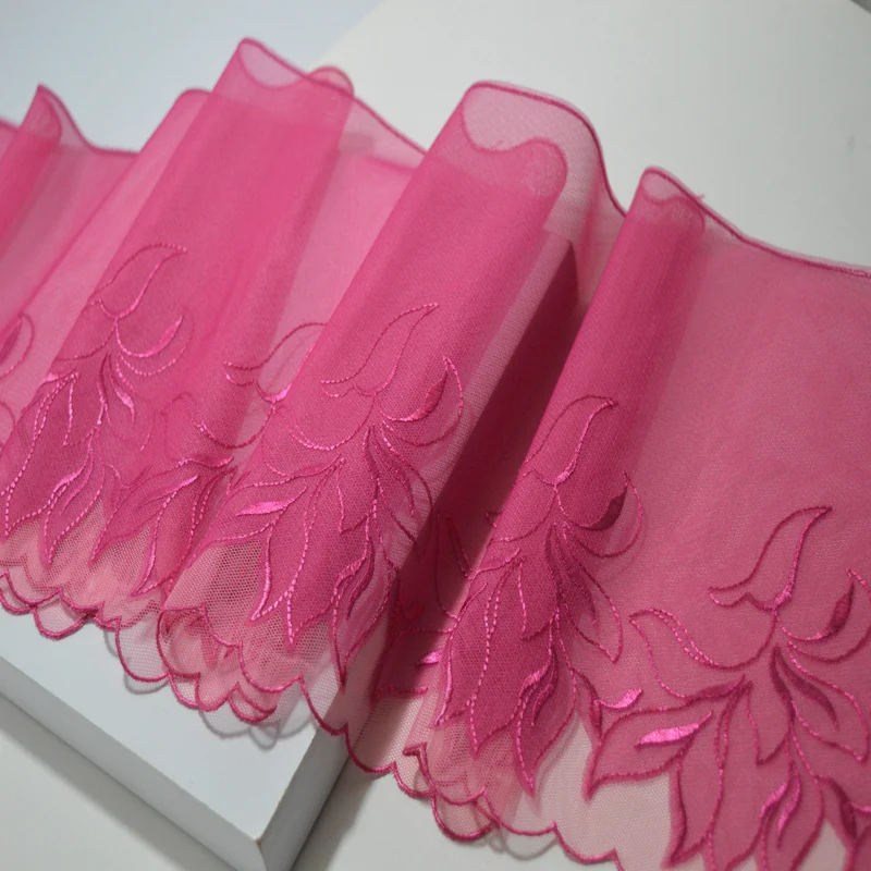 

10Meters Rose Pink Mesh Embroidery Lace Fabric Embroidered Tulle Trim Ribbon Sewing Fabric Clothing Accessories 21cm Width