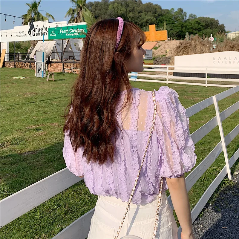 Chiffon Perspective White Ladies Tops Loose Purple Korean Clothes Summer Sweet Style O-neck Shirts Fashion Brand New Blouses
Chiffon Perspective White Ladies Tops Loose Purple Korean Clothes Summer Sweet Style O-neck Shirts Fashion Brand New Blouses