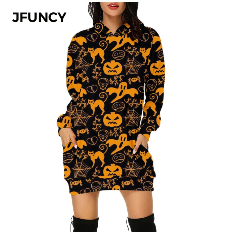 JFUNCY Women's Hoodies Sweatshirts Halloween Clothes 2021 New Skull Pumpkin Bat Print Bag Hip Dresses Autumn Hooded Mini Dress
JFUNCY Women's Hoodies Sweatshirts Halloween Clothes 2021 New Skull Pumpkin Bat Print Bag Hip Dresses Autumn Hooded Mini Dress