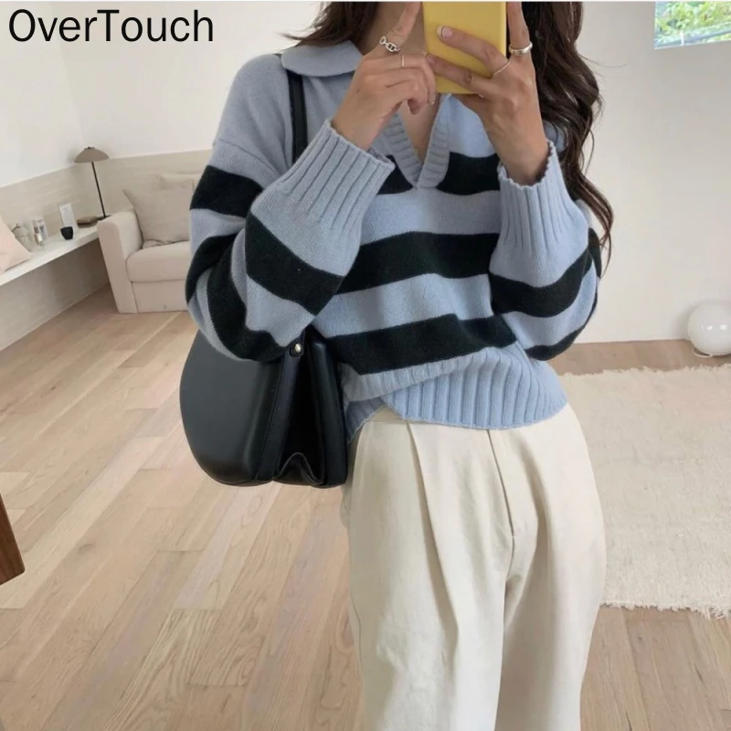 Женский трикотажный свитер в полоску, с длинным рукавом 
Женский трикотажный свитер в полоску, с длинным рукавом