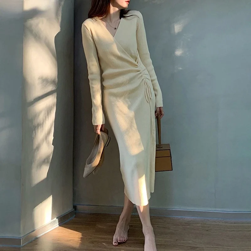 New Fashion Drawstring Knitted Long Dress Women V-neck Long Sleeve Sweater Bodycon Dresses Solid Color Vestidos Bottoming
New Fashion Drawstring Knitted Long Dress Women V-neck Long Sleeve Sweater Bodycon Dresses Solid Color Vestidos Bottoming