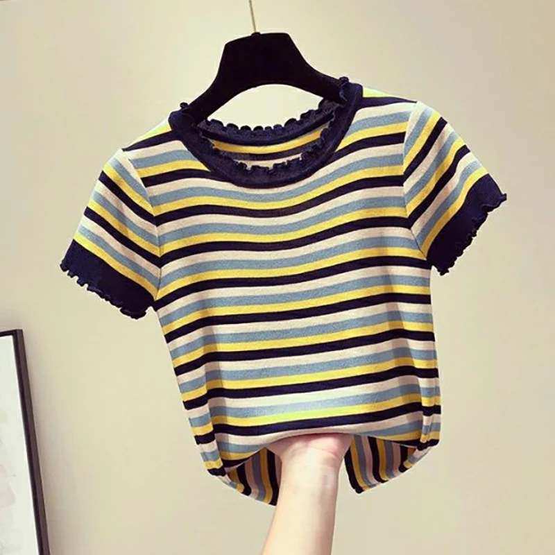 Rainbow Striped Thin Knitted T Shirt 2022 Fashion Women Tshirt Short Sleeve Korean Clothes Fungus O-Neck Woman Tee Shirt Tops
Rainbow Striped Thin Knitted T Shirt 2022 Fashion Women Tshirt Short Sleeve Korean Clothes Fungus O-Neck Woman Tee Shirt Tops