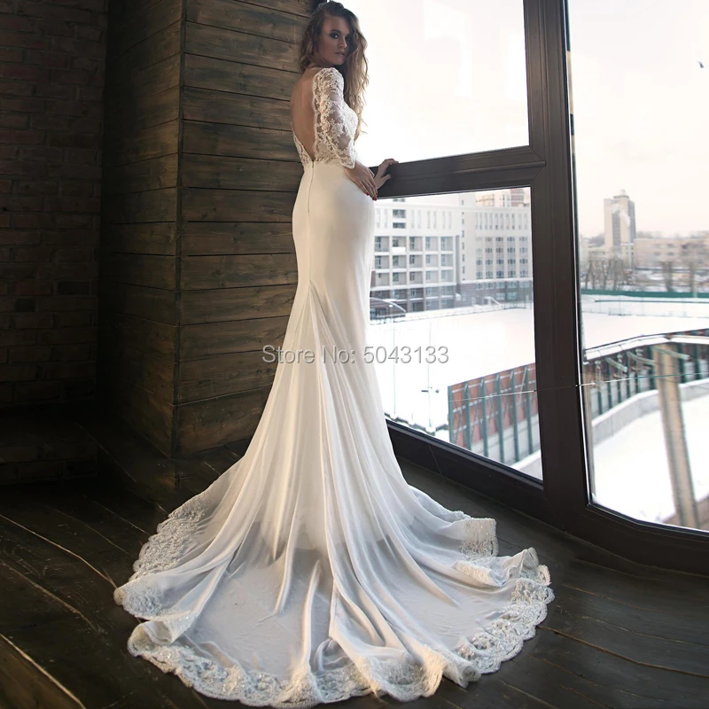 Sexy Mermaid Long Sleeves Wedding Dresses with Appliques Elastic Satin Backless Sweep Train Bridal Gown Formal Ivory Bride Dress
Sexy Mermaid Long Sleeves Wedding Dresses with Appliques Elastic Satin Backless Sweep Train Bridal Gown Formal Ivory Bride Dress