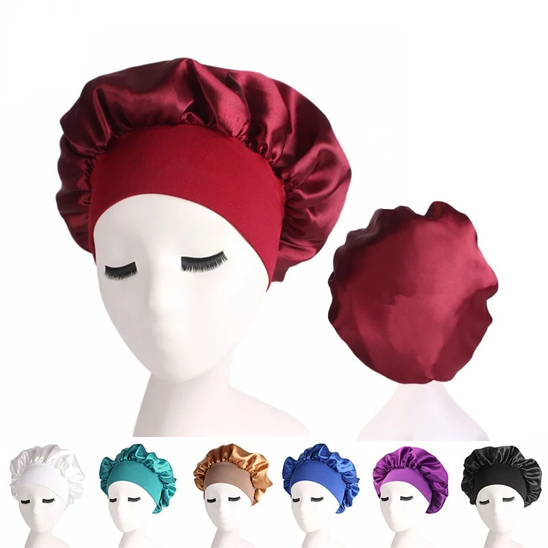 

Женская атласная Кепка для ночного сна, шапка, головной убор, шелковая головная повязка, широкая эластичная повязка для волос, шапка для душ...