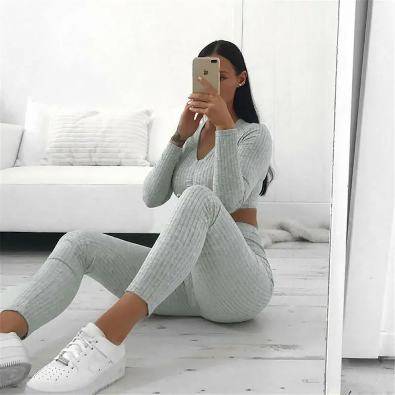 Women Knit Crop Top Lounge Wear Suit Ladies Outfits Stretch Long Sleeve V Neck 2pcs Tracksuit Fitness Women Set Casual
Women Knit Crop Top Lounge Wear Suit Ladies Outfits Stretch Long Sleeve V Neck 2pcs Tracksuit Fitness Women Set Casual
