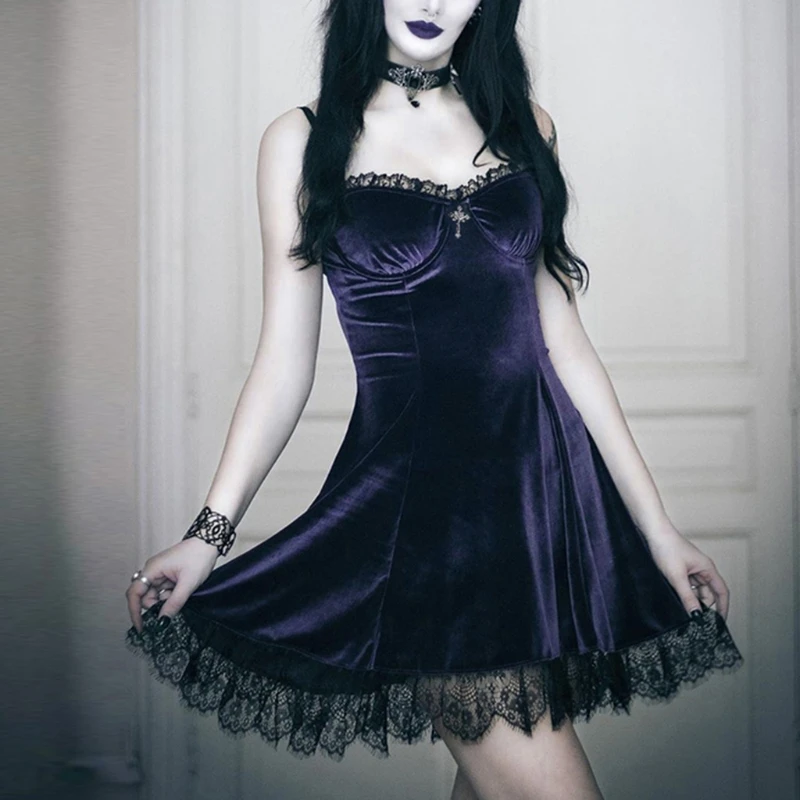 Women Gothic Punk Sexy Velvet Slim Mini Dress Ruffles Lace Trim Bowknot Cross Pendant Spaghetti Strap Vintage Harajuku Party Clu
Women Gothic Punk Sexy Velvet Slim Mini Dress Ruffles Lace Trim Bowknot Cross Pendant Spaghetti Strap Vintage Harajuku Party Clu
