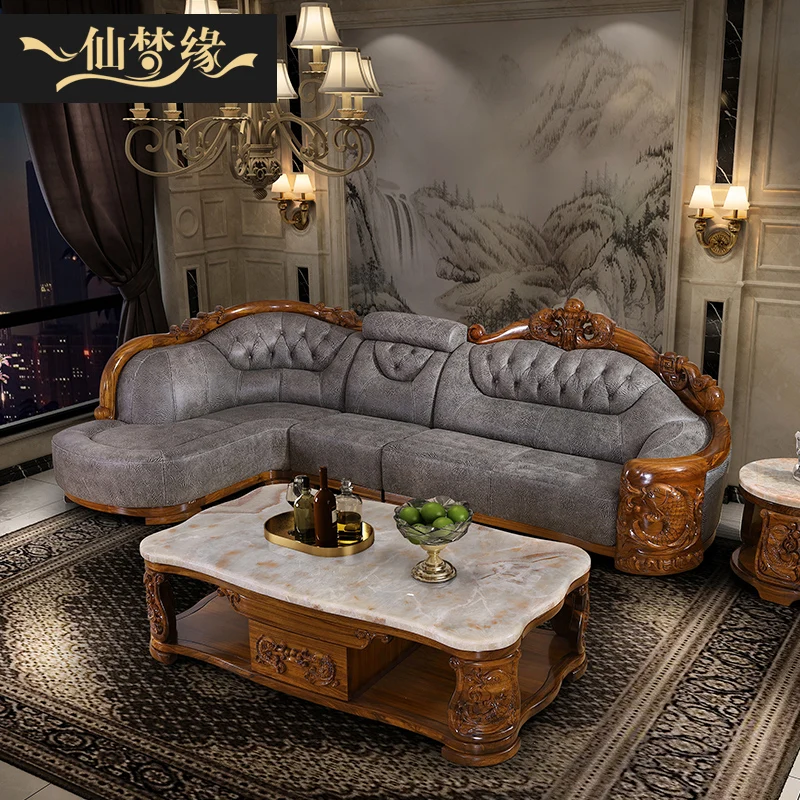 

Black gold corner sofa solid wood carved imperial concubine position thick log villa European style living room combination