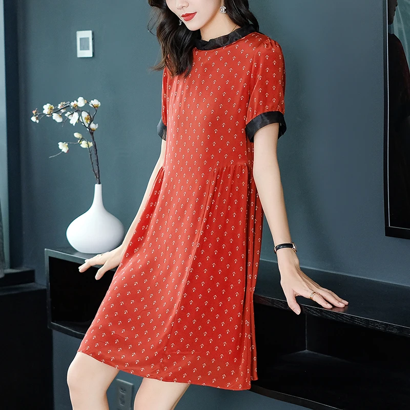100% Natural Silk Women Casual Dresses Summer Elegant Stand Collar Short Sleeve Loose Print Pure Real Silk Lady A-line Dress
100% Natural Silk Women Casual Dresses Summer Elegant Stand Collar Short Sleeve Loose Print Pure Real Silk Lady A-line Dress
