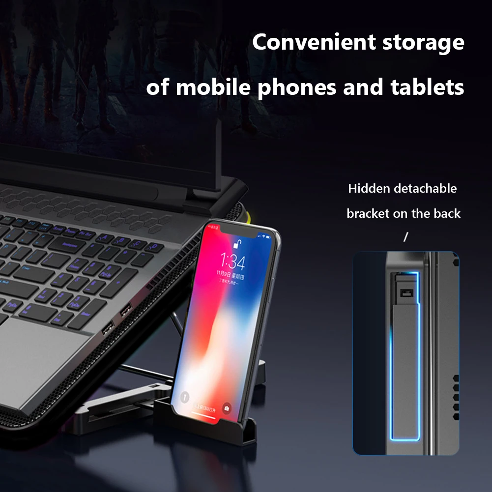Cool Cold F5 6 Fans Laptop Cooler Holder Support Height Adjustable Notebook PC Gaming Cooling Riser with Phone Stand
Cool Cold F5 6 Fans Laptop Cooler Holder Support Height Adjustable Notebook PC Gaming Cooling Riser with Phone Stand