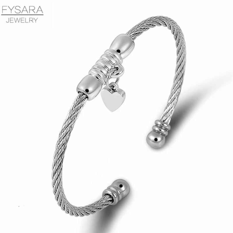 FYSARA Stainless Steel Cable Wire Thin Bracelets Bangles With Heart Charm Pulserias For Women Vintage Jewelry Gold | Украшения и