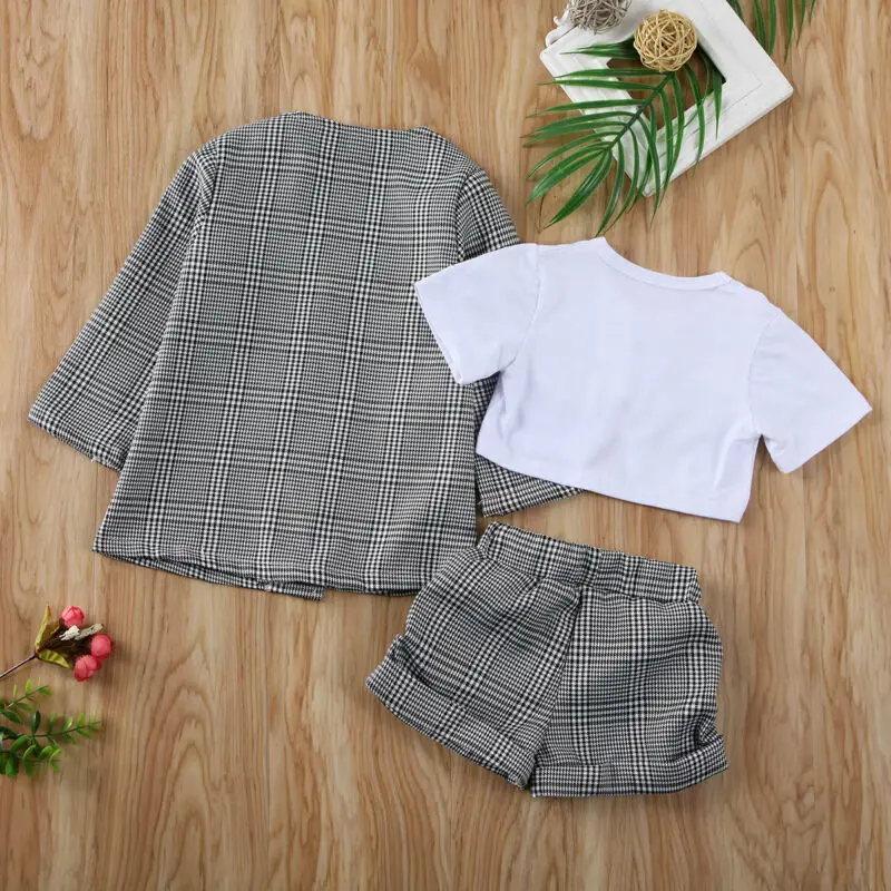 Fashion Baby Girls Kids Plaid Short Sleeve Tops Pants Coat Formal Outfit Clothes Set 3PCS
Fashion Baby Girls Kids Plaid Short Sleeve Tops Pants Coat Formal Outfit Clothes Set 3PCS