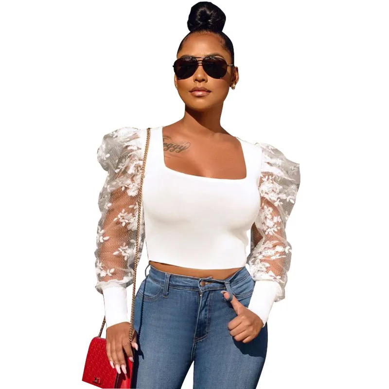 European and American fashion pure color sexy T-shirt lace U collar embroidered sleeve lady blouse
European and American fashion pure color sexy T-shirt lace U collar embroidered sleeve lady blouse