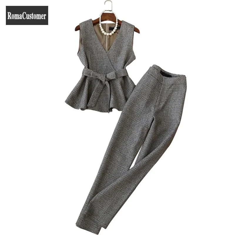 Осенне-зимний новый костюм из двух предметов, Женский облегающий жилет на шнуровке, корейский Клетчатый винтажный элегантный комплект с ши... 
Осенне-зимний новый костюм из двух предметов, Женский облегающий жилет на шнуровке, корейский Клетчатый винтажный элегантный комплект с ши...