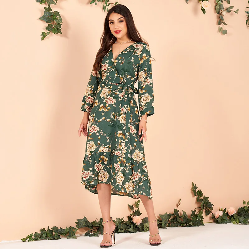 Summer New Products Women's V-neck Sexy Floral Printing Tie Sashes Thin Women's Business Ol Seven-point Sleeve Tea Break Dress
Summer New Products Women's V-neck Sexy Floral Printing Tie Sashes Thin Women's Business Ol Seven-point Sleeve Tea Break Dress
