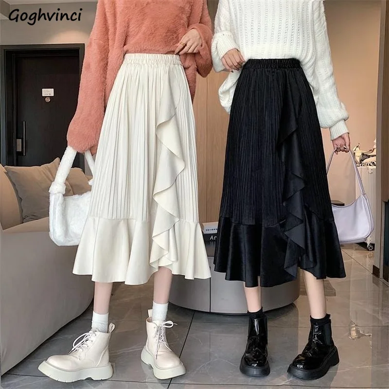 

Ruffles Skirts Women Pleated Soft Chic Tender Female All-match Mid-calf High Waist Autumn Newest Clothes Students Daily Faldas