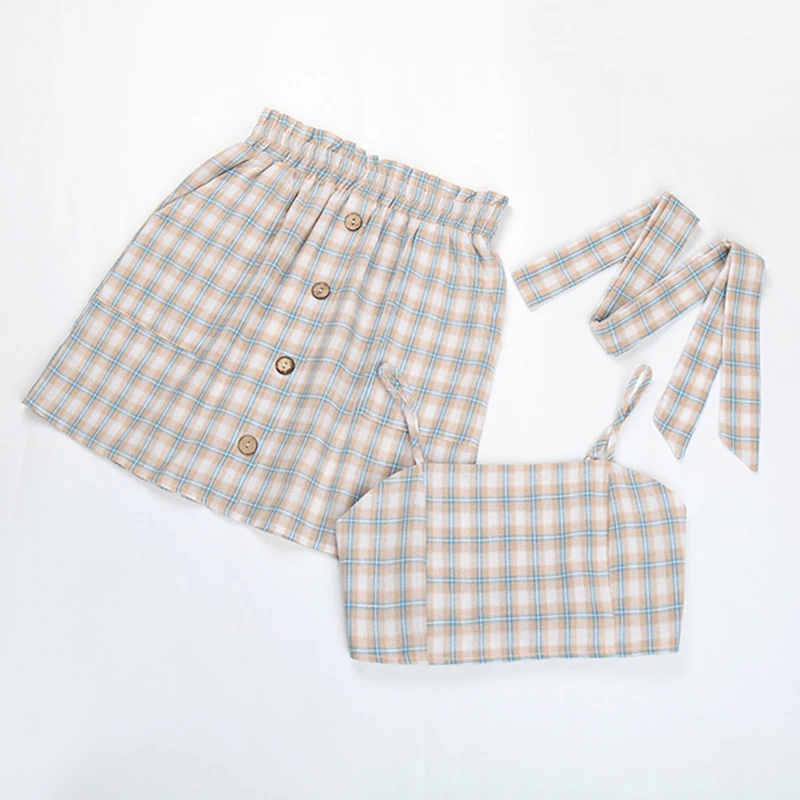 2021 Summer New Sexy Sweet Plaid Sling Skirt Button Decoration Two-Piece Female
2021 Summer New Sexy Sweet Plaid Sling Skirt Button Decoration Two-Piece Female