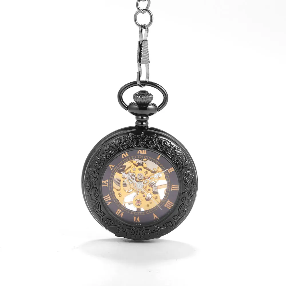 Черные прозрачные резные Механические карманные часы бронзовые ретро подарок