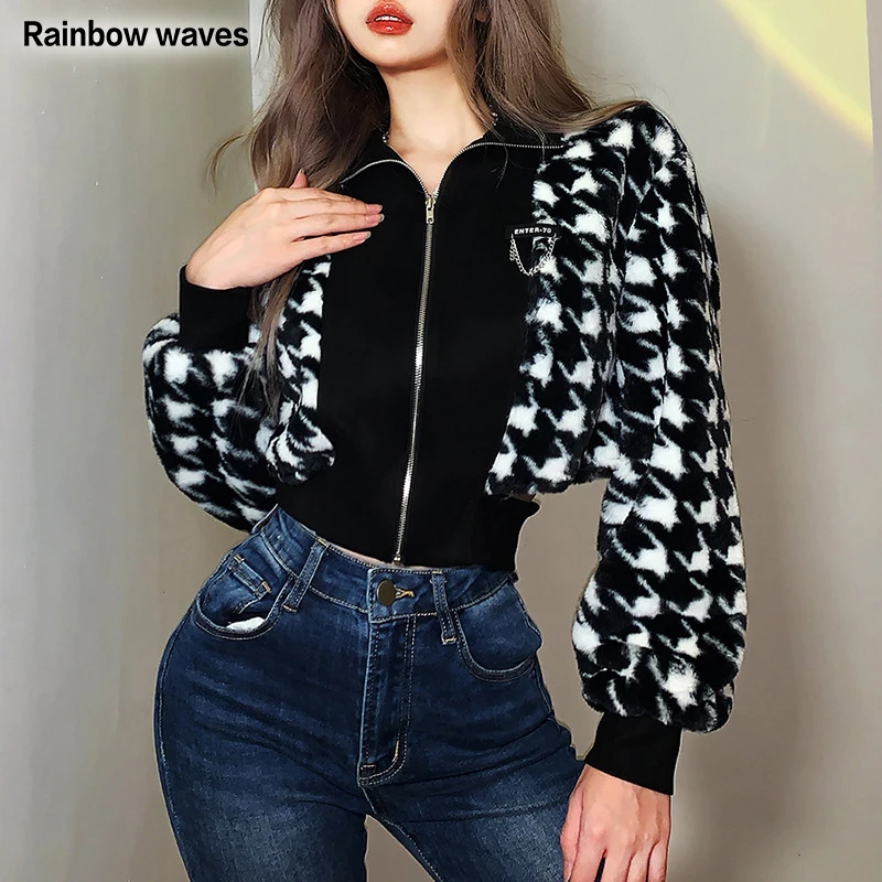 Women's Winter Plaid Print Loose Top Jacket Fashion Zip Cardigan Stand-Up Collar Long Sleeve Plush Black Crop Coat Rainbowwaves
Women's Winter Plaid Print Loose Top Jacket Fashion Zip Cardigan Stand-Up Collar Long Sleeve Plush Black Crop Coat Rainbowwaves