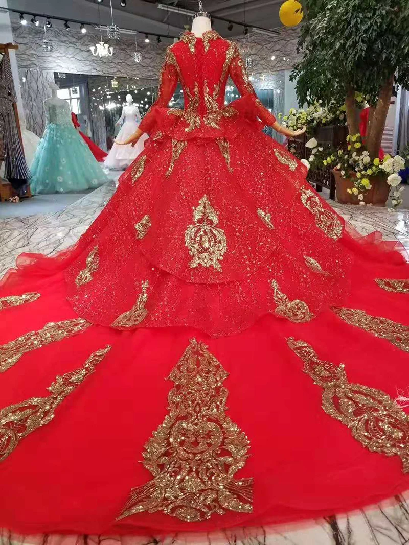 BGW 2287ht Luxury Red Wedding Party Dress With Golden Lace Long Sleeves Muslim Evening Gown Vintage With Train Multi-layer Skirt
BGW 2287ht Luxury Red Wedding Party Dress With Golden Lace Long Sleeves Muslim Evening Gown Vintage With Train Multi-layer Skirt