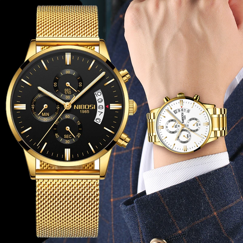 NIBOSI Men Watch Chronograph Quartz Gold Black Stainless Steel Quartz Watches Mesh Strap Sport Military Watch Relogio Masculino
NIBOSI Men Watch Chronograph Quartz Gold Black Stainless Steel Quartz Watches Mesh Strap Sport Military Watch Relogio Masculino