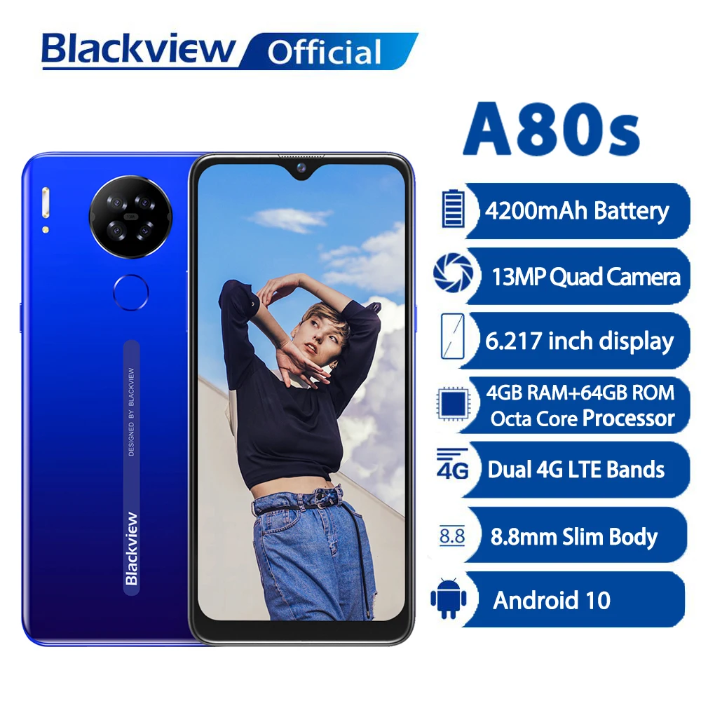 Blackview A80s 4 Гб + 64 Смартфон 13MP Quad Камера 4200 мАч Android 10 Восьмиядерный Face ID 4G мобильный