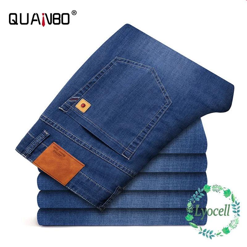 

QUANBO Mens Classic Relaxed Fit Flex Jeans Men's Lyocell Fabric Jeans Summer Thin Casual Elasticity Brand Light Blue Trousers