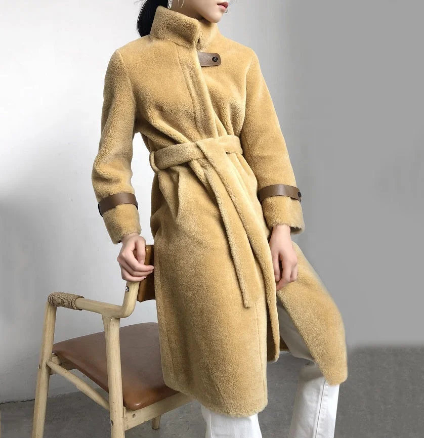 Фото Женская Мягкая дубленка из натурального меха ягненка шерстяное пальто с