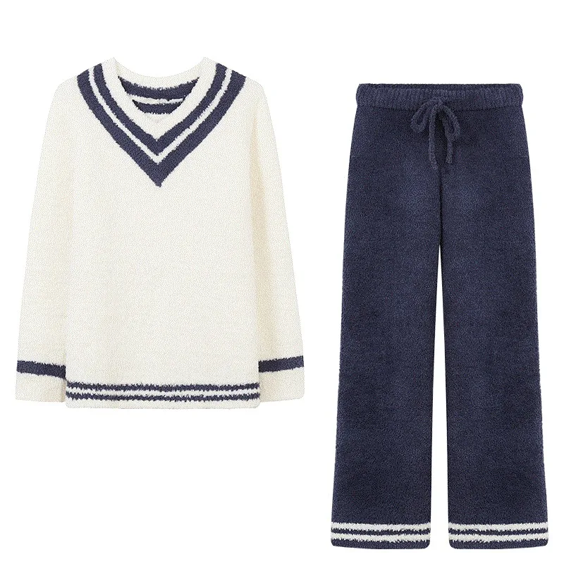 Women Color Matching Knitting Leisure Wear Wool V-neck Side Warm Suits Pyjama Femme Sexy Autumn Winter Japanese Soft Pajamas 
Women Color Matching Knitting Leisure Wear Wool V-neck Side Warm Suits Pyjama Femme Sexy Autumn Winter Japanese Soft Pajamas