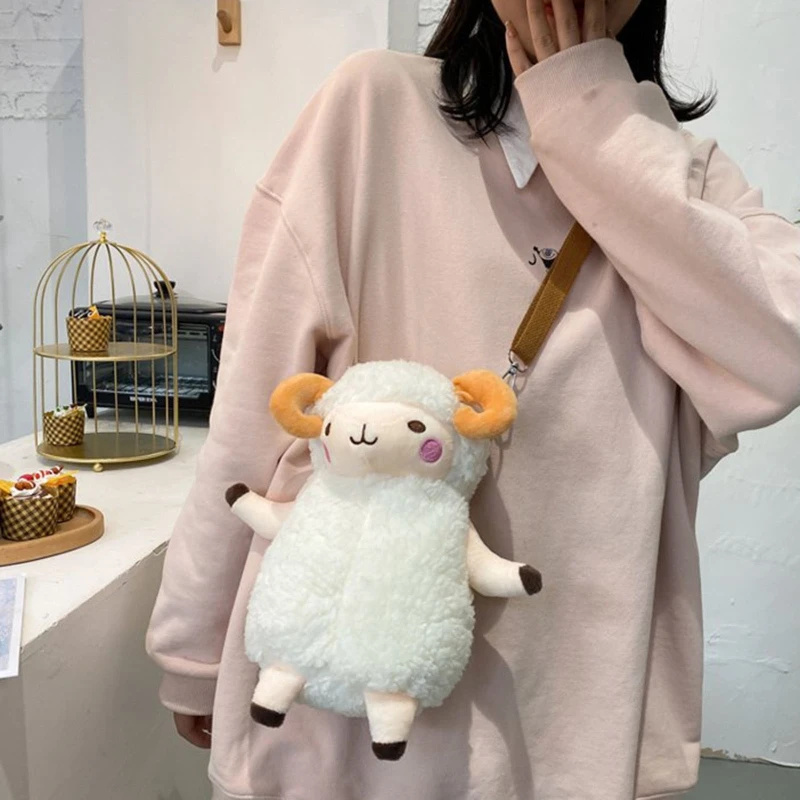Women Girl Cartoon Sheep Plush Bag Shoulder Crossbody Bags Satchel Purse 20CA