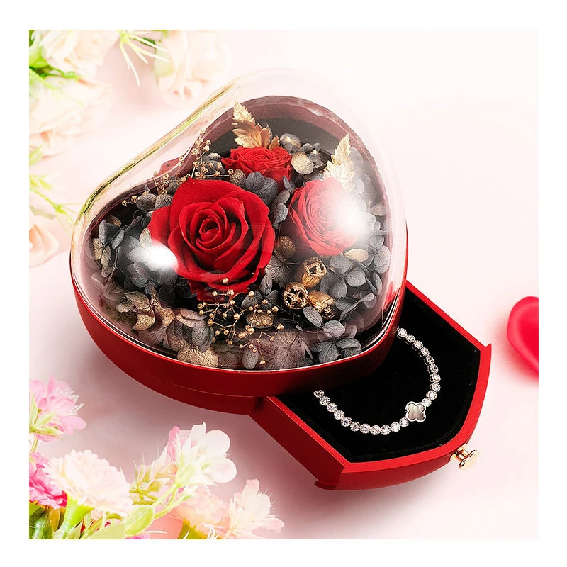 

2021 Preserved Flower Rose Jewelry Gift Box Jewelry Display Storage Case Box Velvet Lining Engagement Marriage Mothers Day Gifts