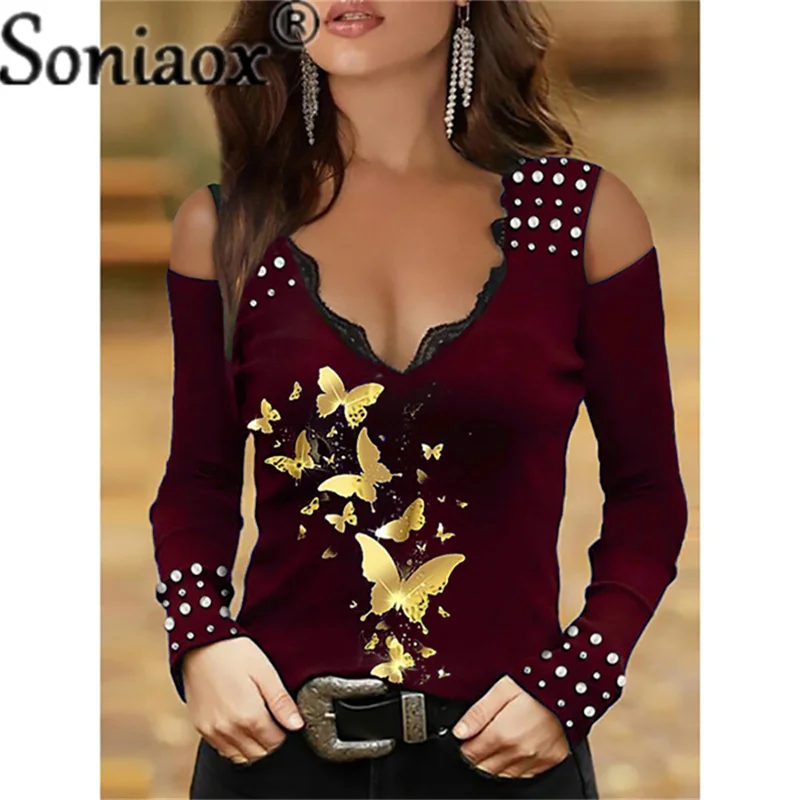 2021 Women Autumn V-Neck Lace Sexy Slim Long Sleeve Tops Butterfly Printed T Shirt Ladies Fashion Casual Off Shoulder Streetwear
2021 Women Autumn V-Neck Lace Sexy Slim Long Sleeve Tops Butterfly Printed T Shirt Ladies Fashion Casual Off Shoulder Streetwear