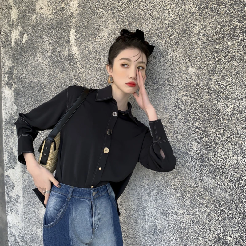 French Style Vintage Design Bright Line Decoration Shirts Simple Solid Casual Women's Blouse Fashion All Match Moda Femme Tops
French Style Vintage Design Bright Line Decoration Shirts Simple Solid Casual Women's Blouse Fashion All Match Moda Femme Tops