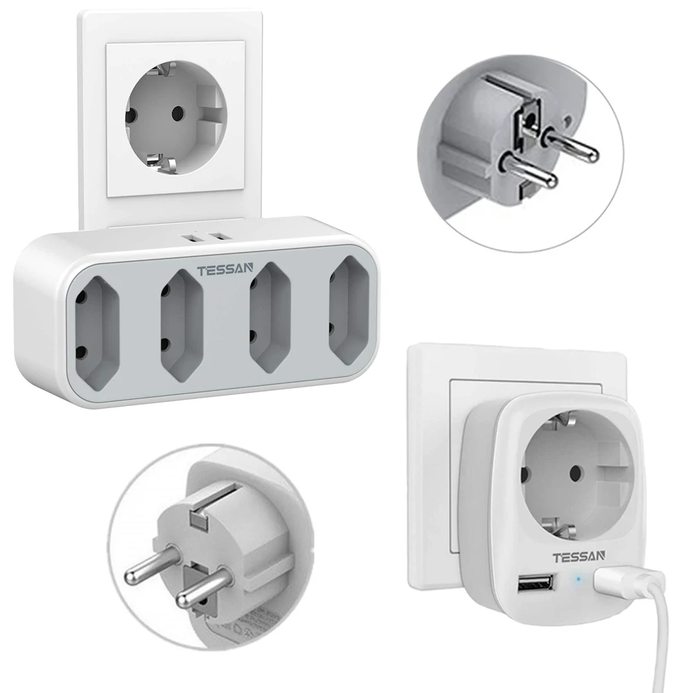 TESSAN EU Plug Sockets Power Strip with 2 USB Ports & 4 EU Outlets Travel Adapter 110~250V 2500W, All in Multi Outlet Expander
TESSAN EU Plug Sockets Power Strip with 2 USB Ports & 4 EU Outlets Travel Adapter 110~250V 2500W, All in Multi Outlet Expander