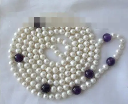 long 50" 7-8mm round white freshwater cultured pearl amethyst necklace
long 50" 7-8mm round white freshwater cultured pearl amethyst necklace