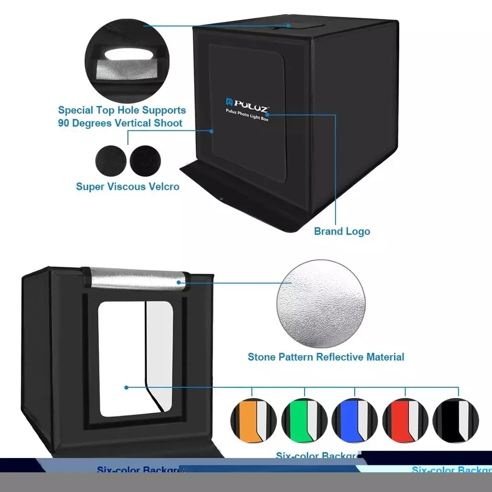 PULUZ Photo Studio Light Box Portable Light Tent LED 5500K Mini 60W Photography Studio Tent Kit with 6 Removable Backdrop
PULUZ Photo Studio Light Box Portable Light Tent LED 5500K Mini 60W Photography Studio Tent Kit with 6 Removable Backdrop