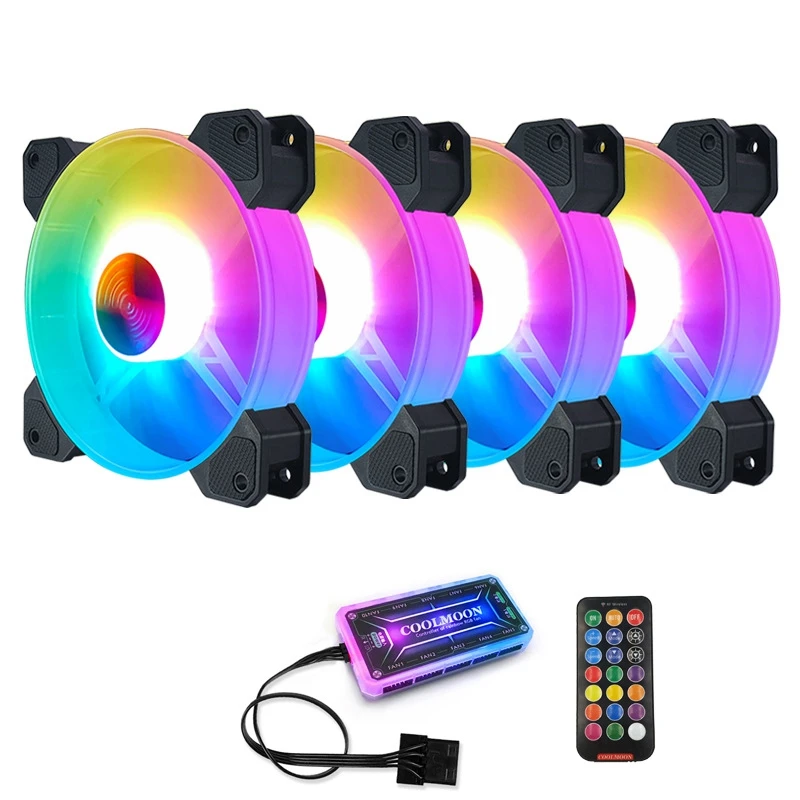 

FOR COOLMOON F-YH Computer Case PC Cooling Fan RGB Adjust 120mm Quiet + IR Remote New Computer Cooler RGB CPU Case Fan Four In