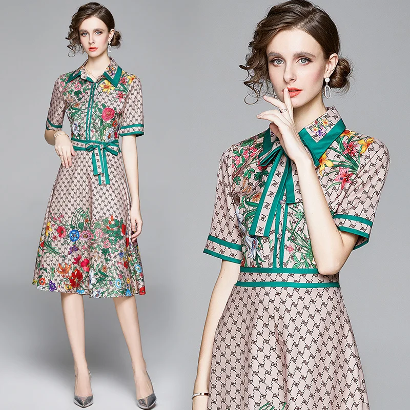 Banulin Fashion Runway Design Summer Dress Women's Short Sleeve Turn Down Neck Bow Letter Floral Print Midi Dress Vestidos
Banulin Fashion Runway Design Summer Dress Women's Short Sleeve Turn Down Neck Bow Letter Floral Print Midi Dress Vestidos