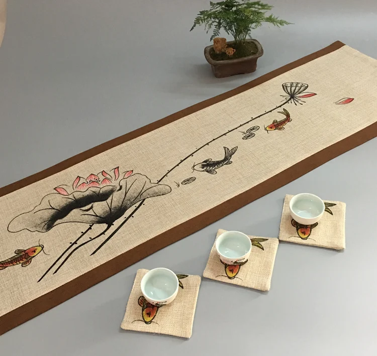 

Cotton linen Zen-like painting tea mat cloth vintage table runner Chinese painting linen tea table cloth tea cup mat