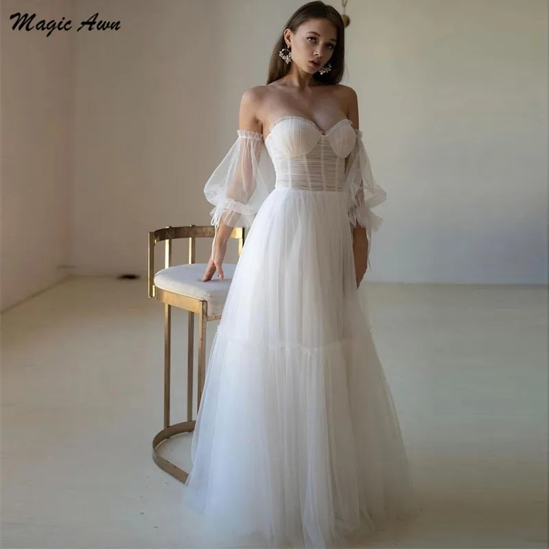 

Magic Awn Bohemian Off The Shoulder Wedding Dresses Detachable Sleeves Illusion Beach A-Line Mariage Gowns Simple Robe De Mariee