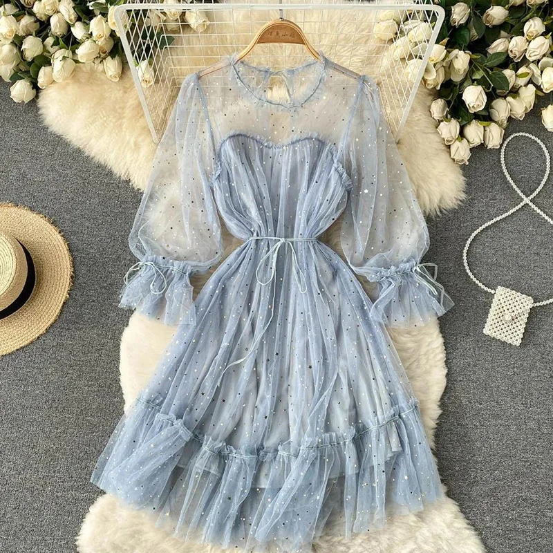 2022 Spring Women's Star Sequin Mesh Sparkling Dress Women Elegant Sparkling Tulle Princess Bubble Dress Mid Length Dress
2022 Spring Women's Star Sequin Mesh Sparkling Dress Women Elegant Sparkling Tulle Princess Bubble Dress Mid Length Dress