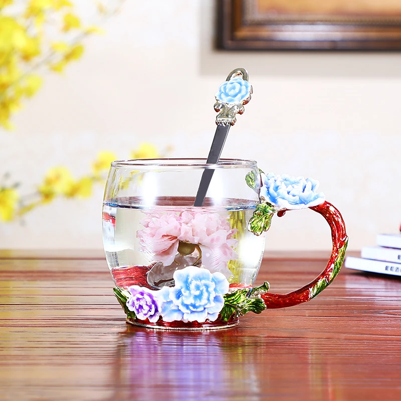 Эмалированная чашка с цветами пиона Хрустальное стекло крышкой бытовая кофейная