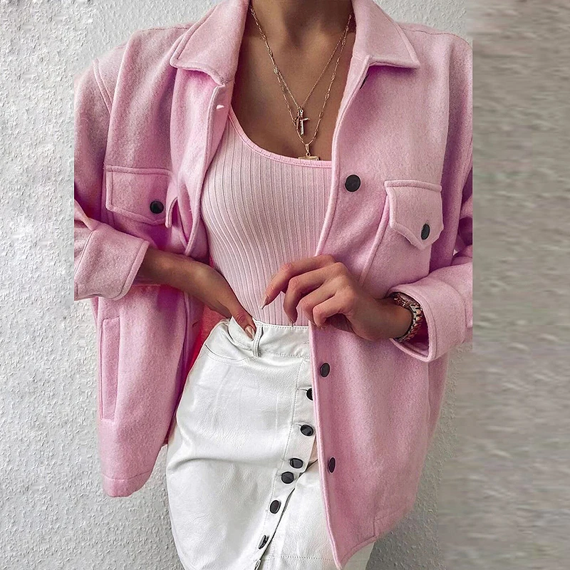 Women Jacket 2021 Single Breasted Turn-down Collar Wool Coat Casual Long Sleeve Button Pocket Outwear Female Solid Loose Jackets
Women Jacket 2021 Single Breasted Turn-down Collar Wool Coat Casual Long Sleeve Button Pocket Outwear Female Solid Loose Jackets