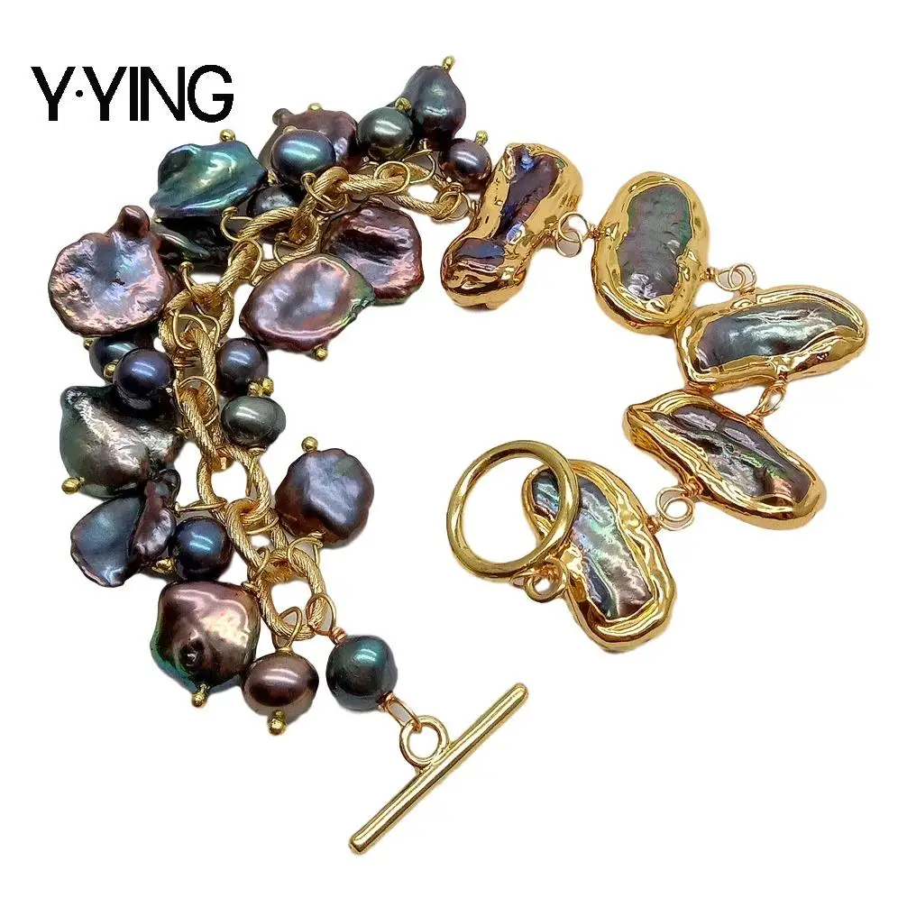 

Y·YING punk natural Cultured Black Biwa freshwater Pearl Keshi Pearl gold color plated Chain Bracelet 8" handmade for women
