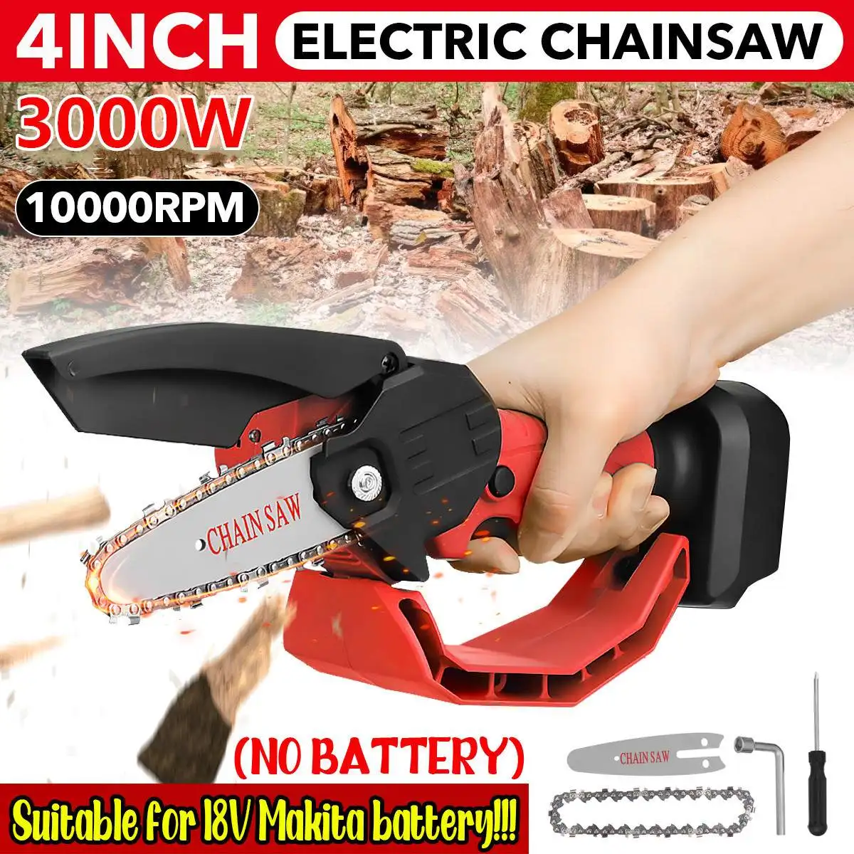 3000W 4inch Mini Chainsaw Wood Logging Electric Saw Portable Chain Saw Woodworking Power Tools For Makita 18V Battery 
3000W 4inch Mini Chainsaw Wood Logging Electric Saw Portable Chain Saw Woodworking Power Tools For Makita 18V Battery