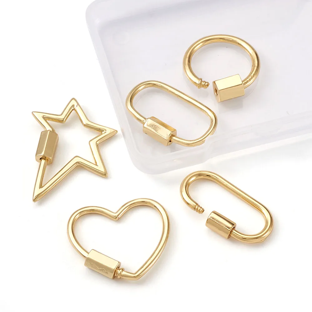 

5Pcs Brass Mixed Shapes Screw Carabiner Lock Charms Clasps Real 18K Gold Plated Keychain Clip Hook for Necklaces Jewelry Making