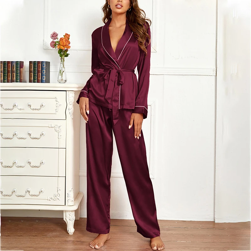Women Satin Silk Pajama Sets Autumn Spring Sleepwear Homewear Long Sleeve Lapel T-Shirt with Belt and Long Trousers Pajamas
Women Satin Silk Pajama Sets Autumn Spring Sleepwear Homewear Long Sleeve Lapel T-Shirt with Belt and Long Trousers Pajamas