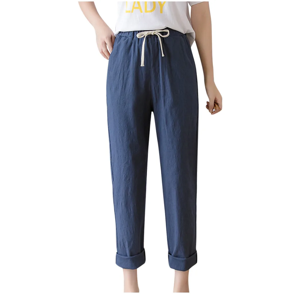 38#Women's High Waist Cotton Linen Trousers Loose Casual Thin Wide Leg Cropped Pants Spring Summer Solid Color | Женская одежда