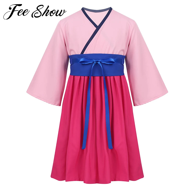 Baby Girls Huamulan Dress Princess Halloween Movie Cosplay Costume Long Sleeves Kimono Style Kids Fancy with Belt | Детская одежда и