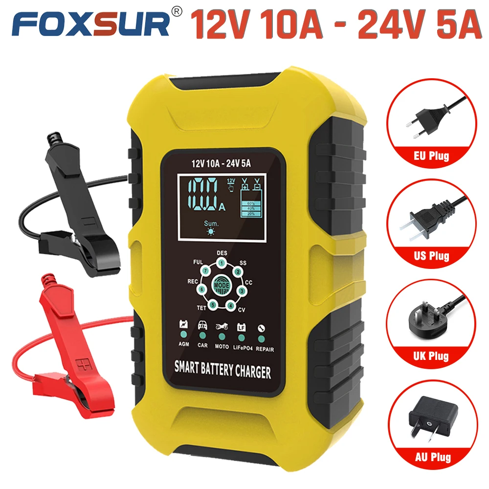 Foxsur Battery Charger For Car,12V 24V 5A 10A Fully Automatic Motorcycle GEL AGM LiFePo4 Wet Lead Acid Battery LCD Power Adapter
Foxsur Battery Charger For Car,12V 24V 5A 10A Fully Automatic Motorcycle GEL AGM LiFePo4 Wet Lead Acid Battery LCD Power Adapter